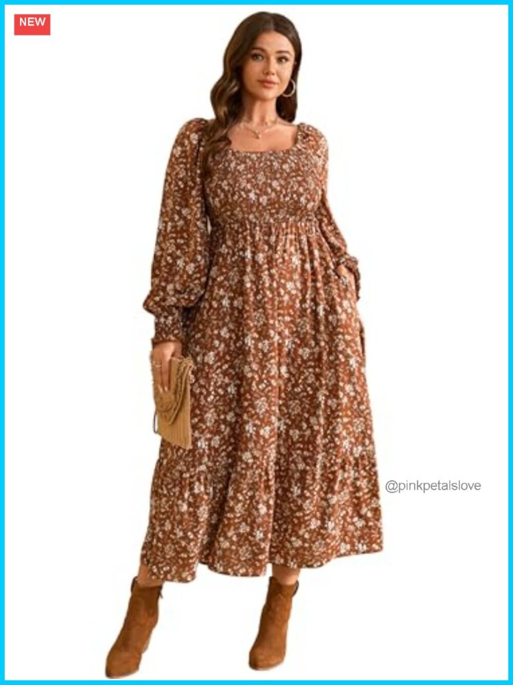 Women's Plus Size Smocked Boho Floral Maxi Dress Long Sleeve